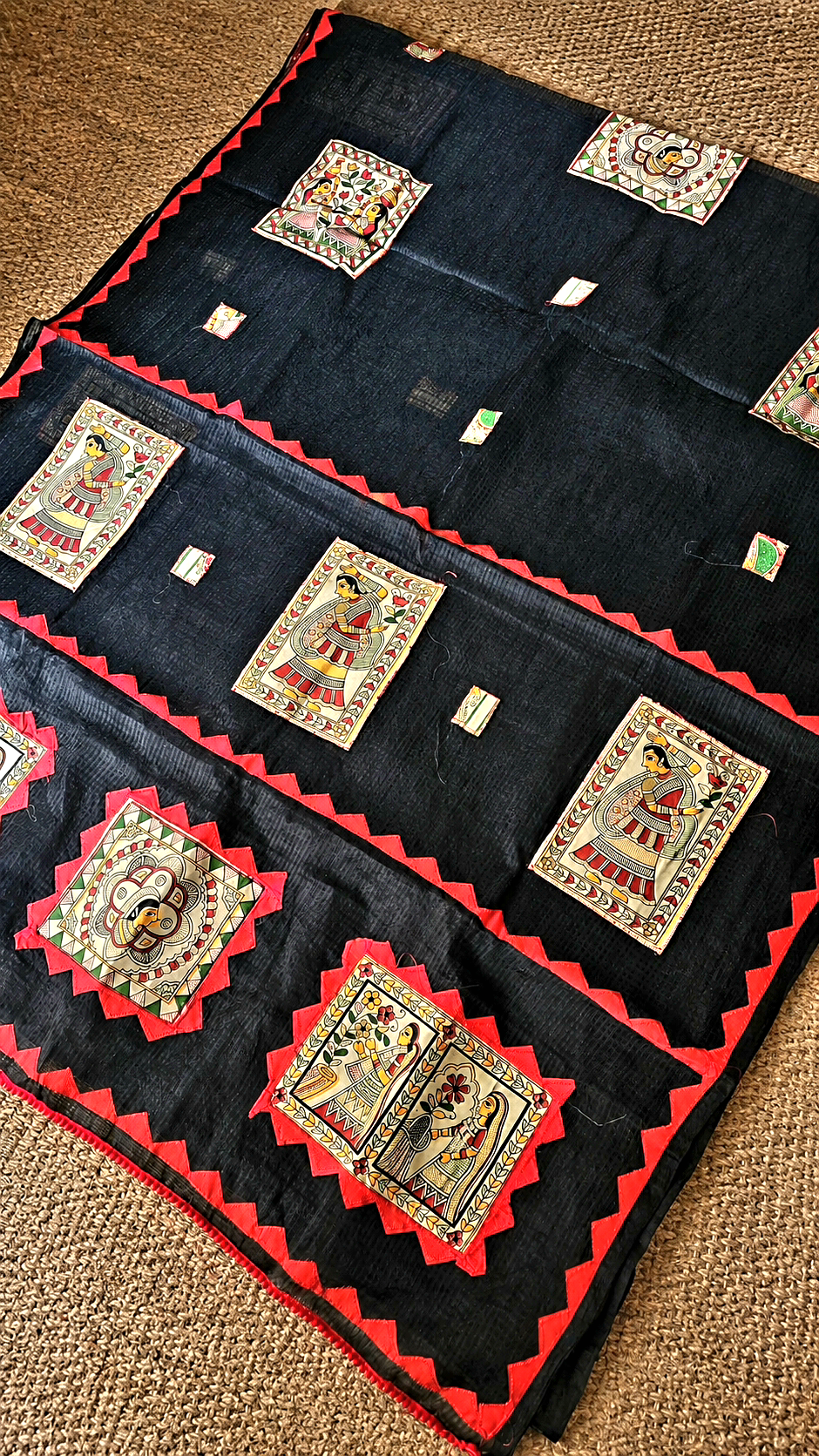 Black Kota Check Saree with Border & Madhubani Patchwork