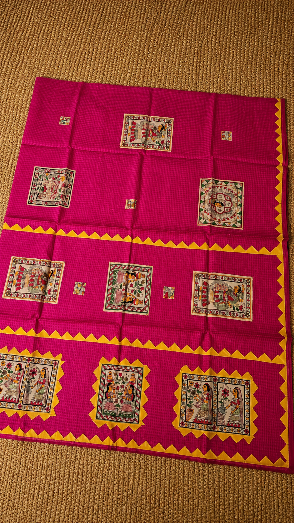Pink Kota Check Saree with Ajrakh Border & Madhubani Patchwork