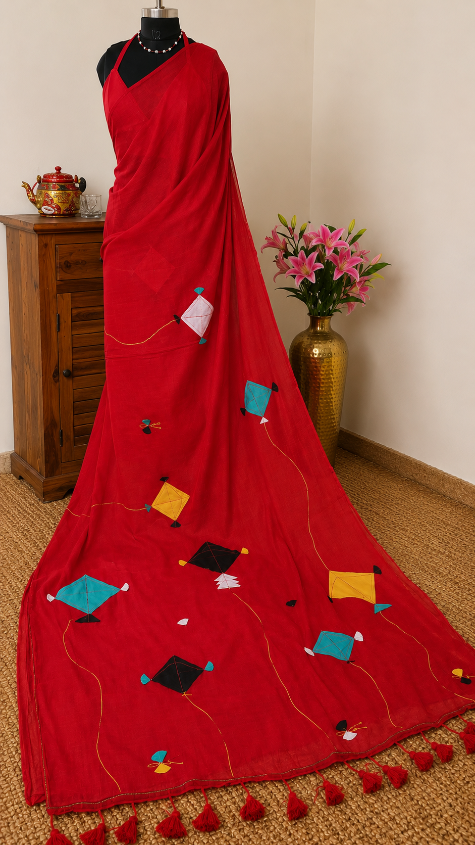 Patang- Red Mul Cotton Patch work Saree