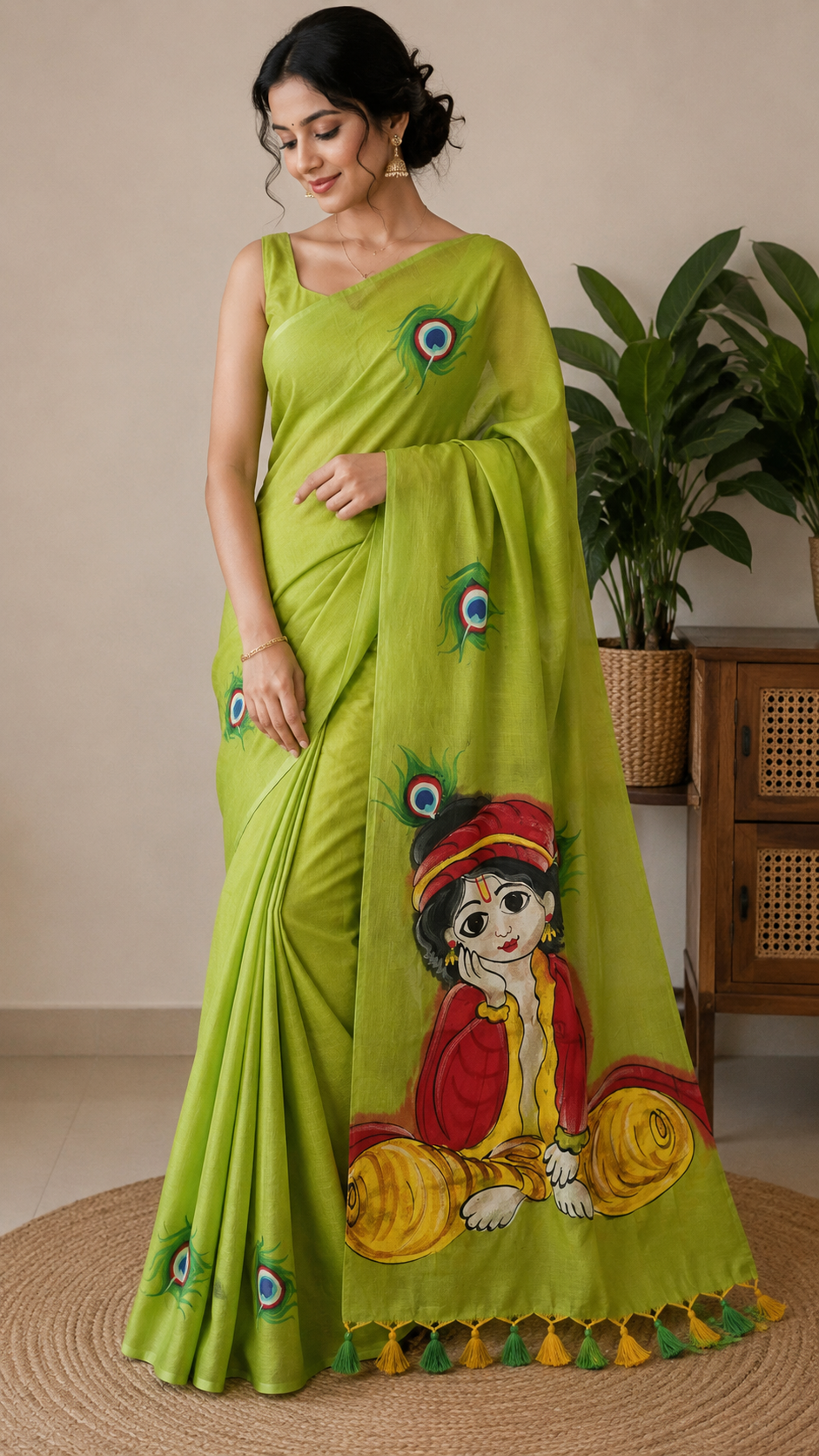 Krishna Bliss HandPainted- Parrot Green Saree