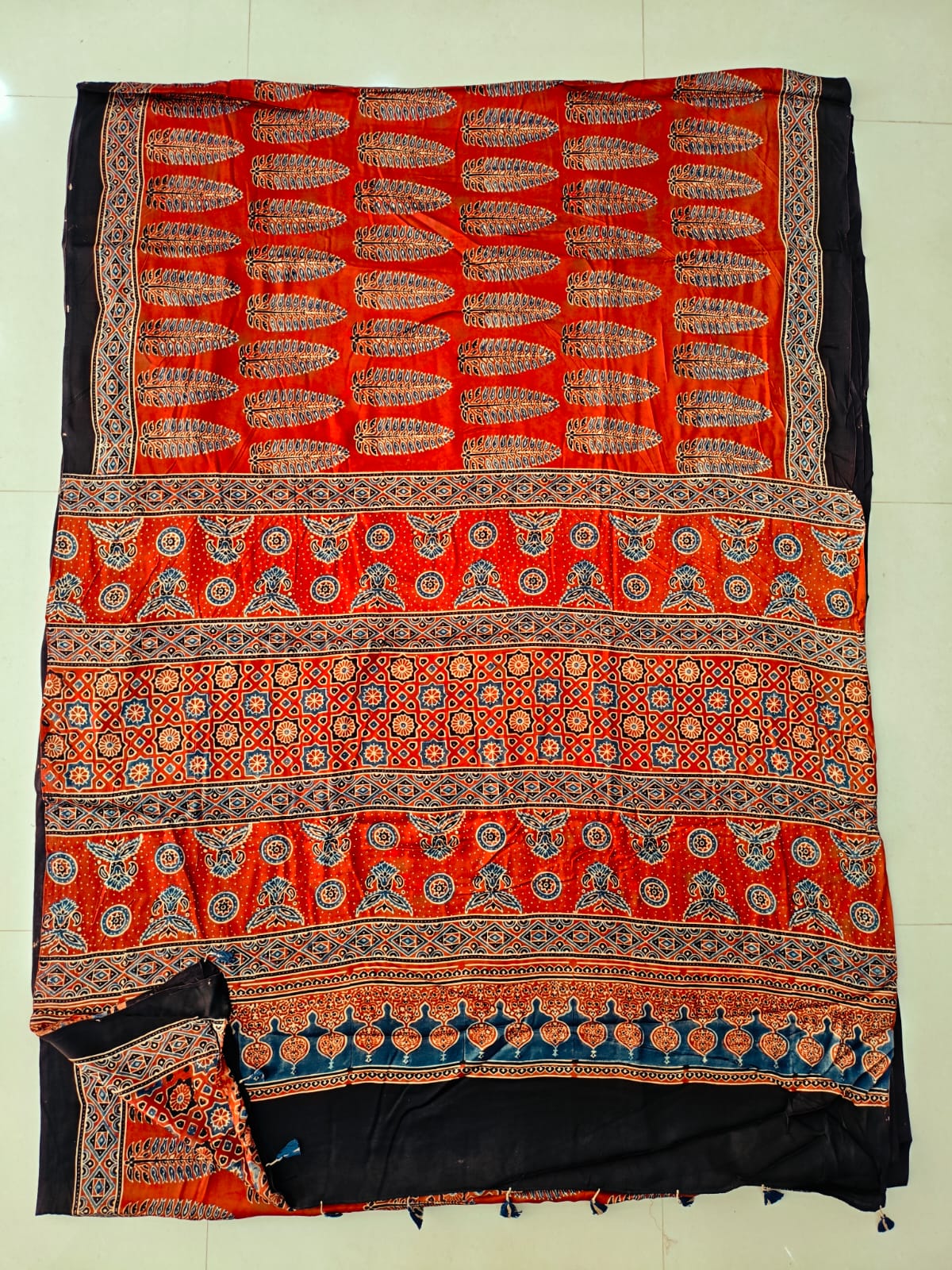 Natural Dye Hand Block Ajrak Modal Silk Saree-Red & Black 1 (Copy)