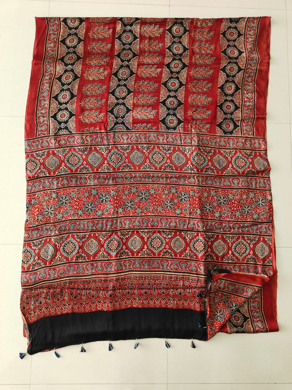 Natural Dye Hand Block Ajrak Modal Silk Saree-Red & Black 3