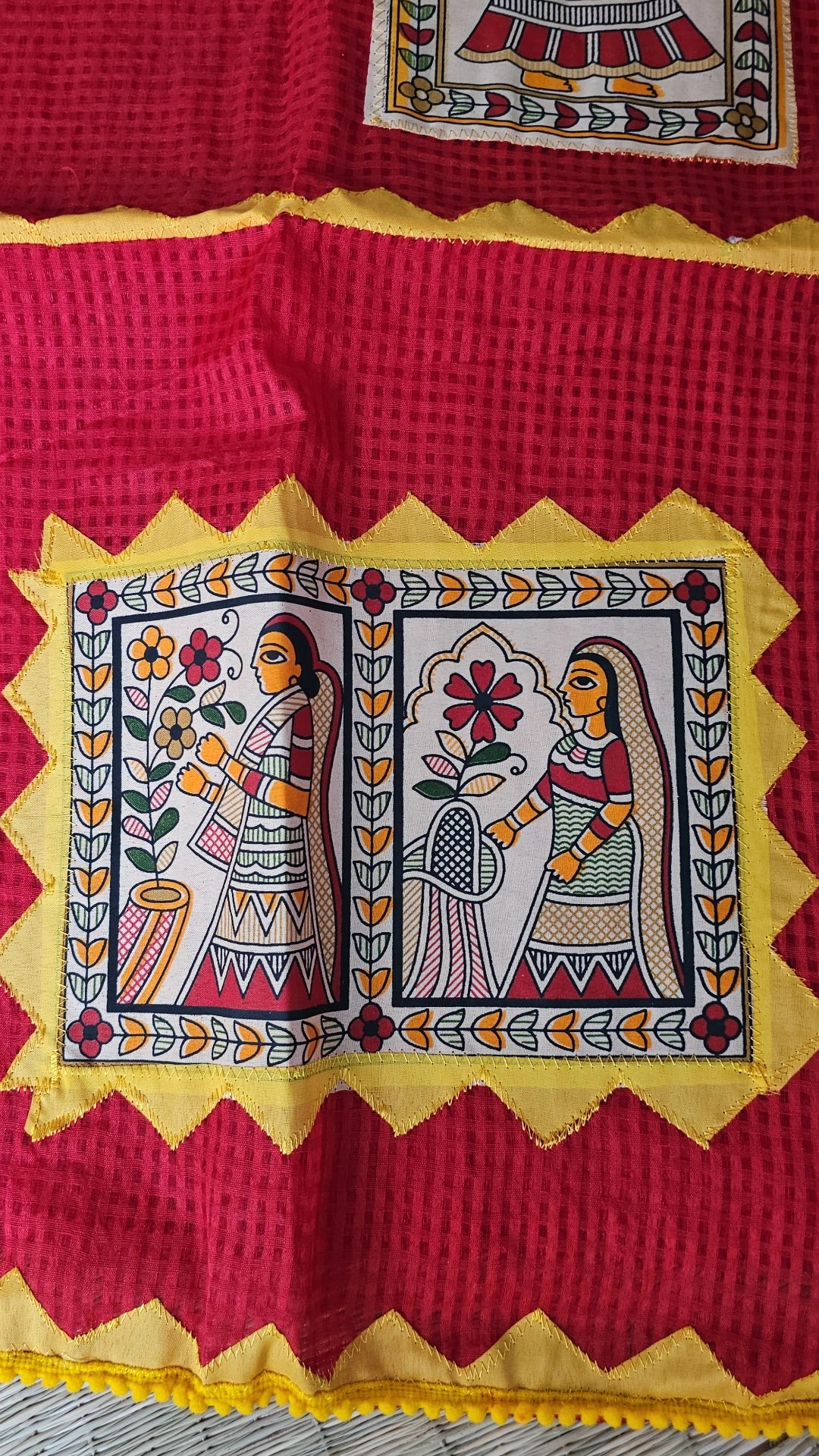Red Kota Check Saree with Ajrakh Border & Madhubani Patchwork