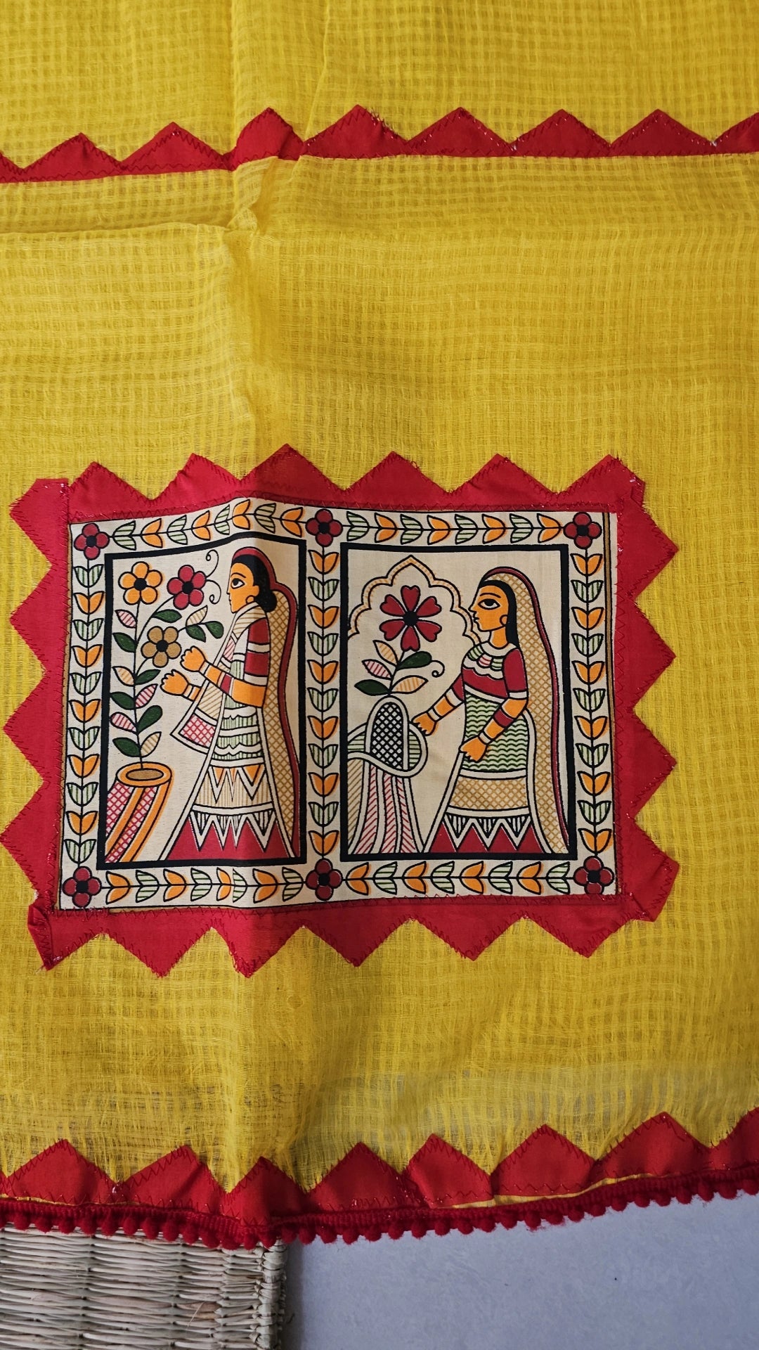 Yellow Kota Check Saree with Ajrakh Border & Madhubani Patchwork
