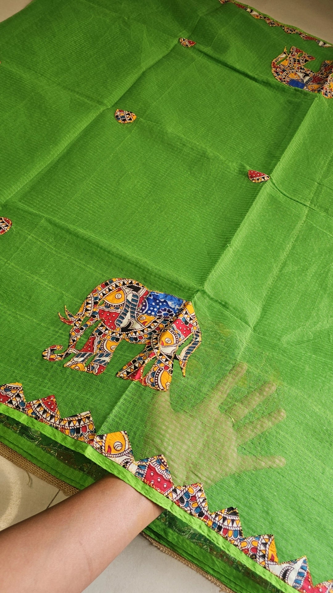 Green Resham Kota Check Saree with Ajrakh Border & Elephant Patchwork