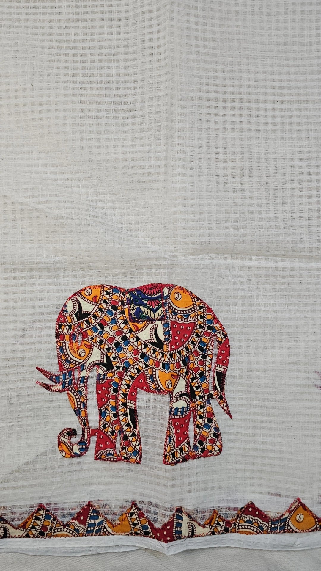 White Resham Kota Check Saree with Ajrakh Border & Elephant Patchwork