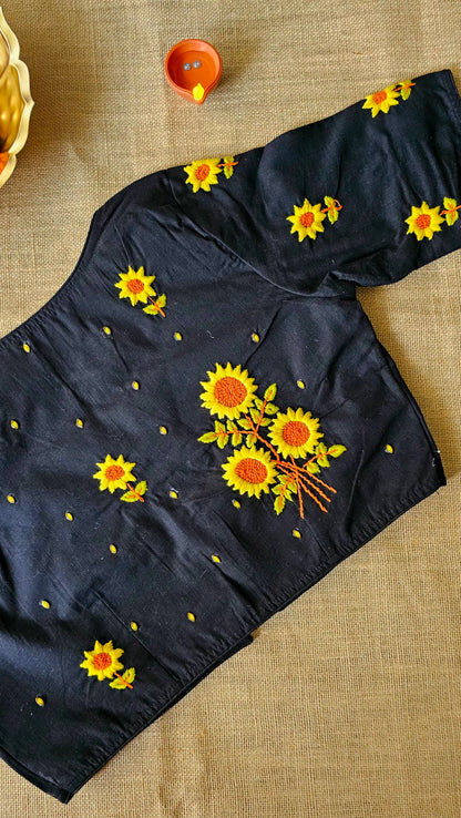 Hand-Embroidery Sunflower Blouse - Black