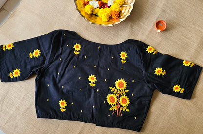 Hand-Embroidery Sunflower Blouse - Black