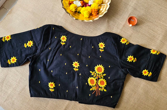 Hand-Embroidery Sunflower Blouse - Black