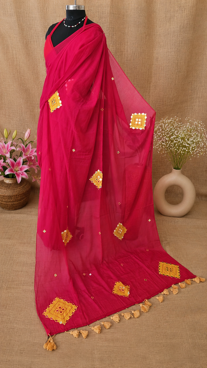 Rooh- Rose Mul Cotton Patch work Saree