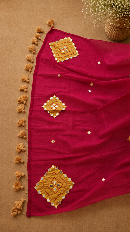 Rooh- Rose Mul Cotton Patch work Saree