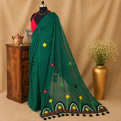 Rangriti- Pearl work & Embroidery Mul Cotton Saree- Green