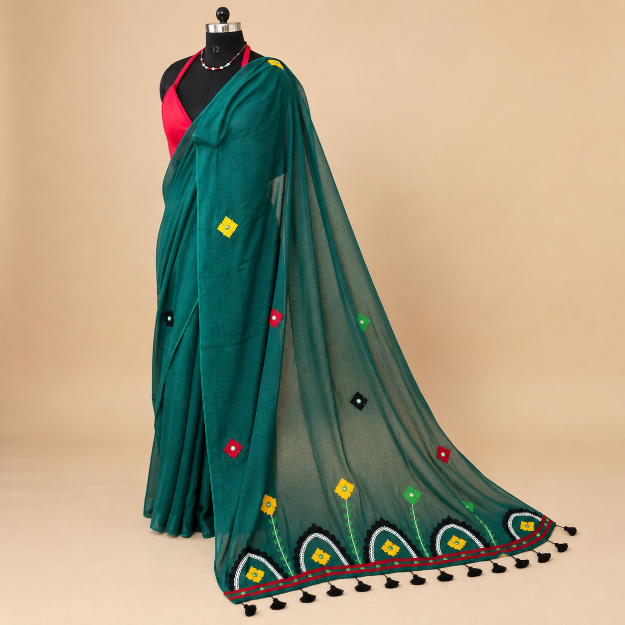 Rangriti- Pearl work & Embroidery Mul Cotton Saree- Green