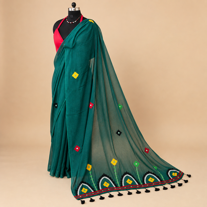 Rangriti- Pearl work & Embroidery Mul Cotton Saree- Green