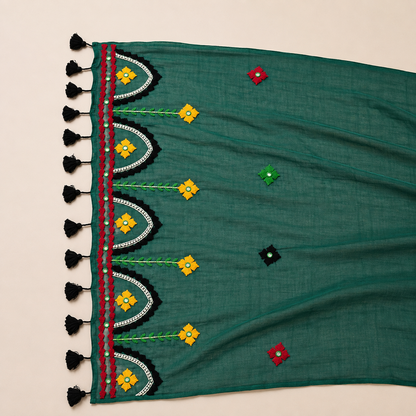Rangriti- Pearl work & Embroidery Mul Cotton Saree- Green