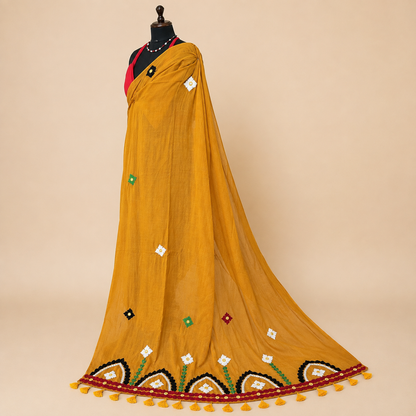 Rangriti- Pearl work & Embroidery Mul Cotton Saree - Mustard