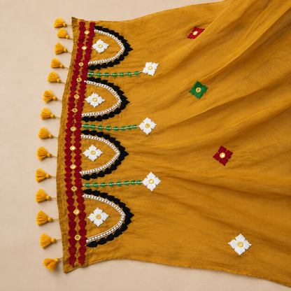 Rangriti- Pearl work & Embroidery Mul Cotton Saree - Mustard