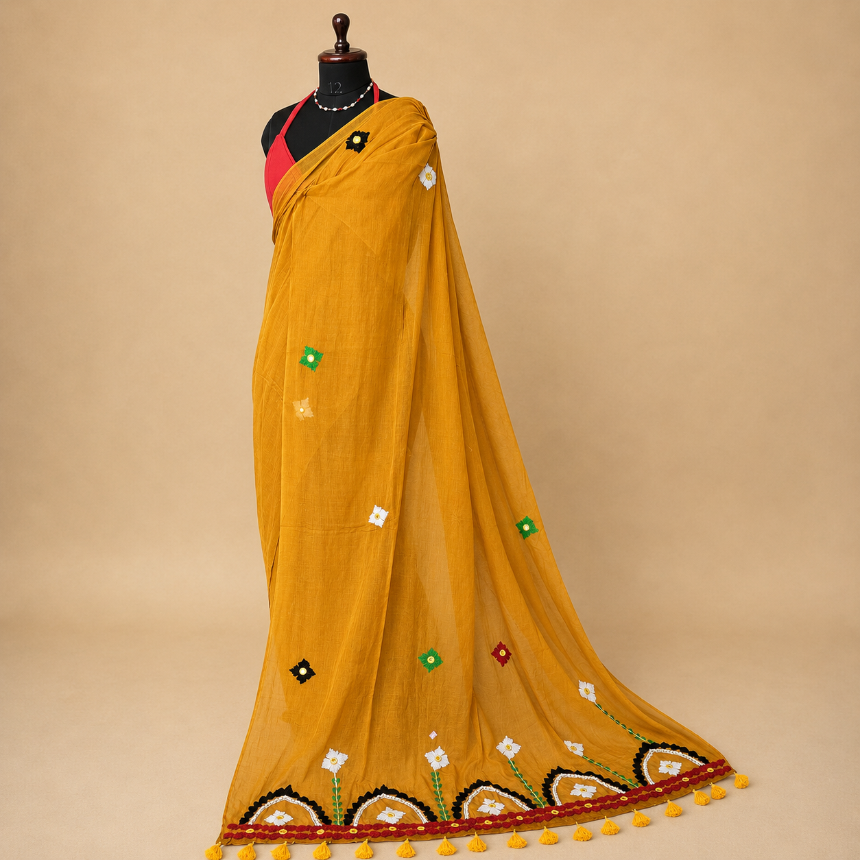 Rangriti- Pearl work & Embroidery Mul Cotton Saree - Mustard