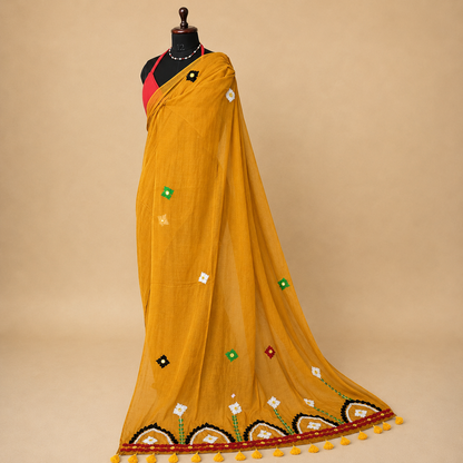 Rangriti- Pearl work & Embroidery Mul Cotton Saree - Mustard