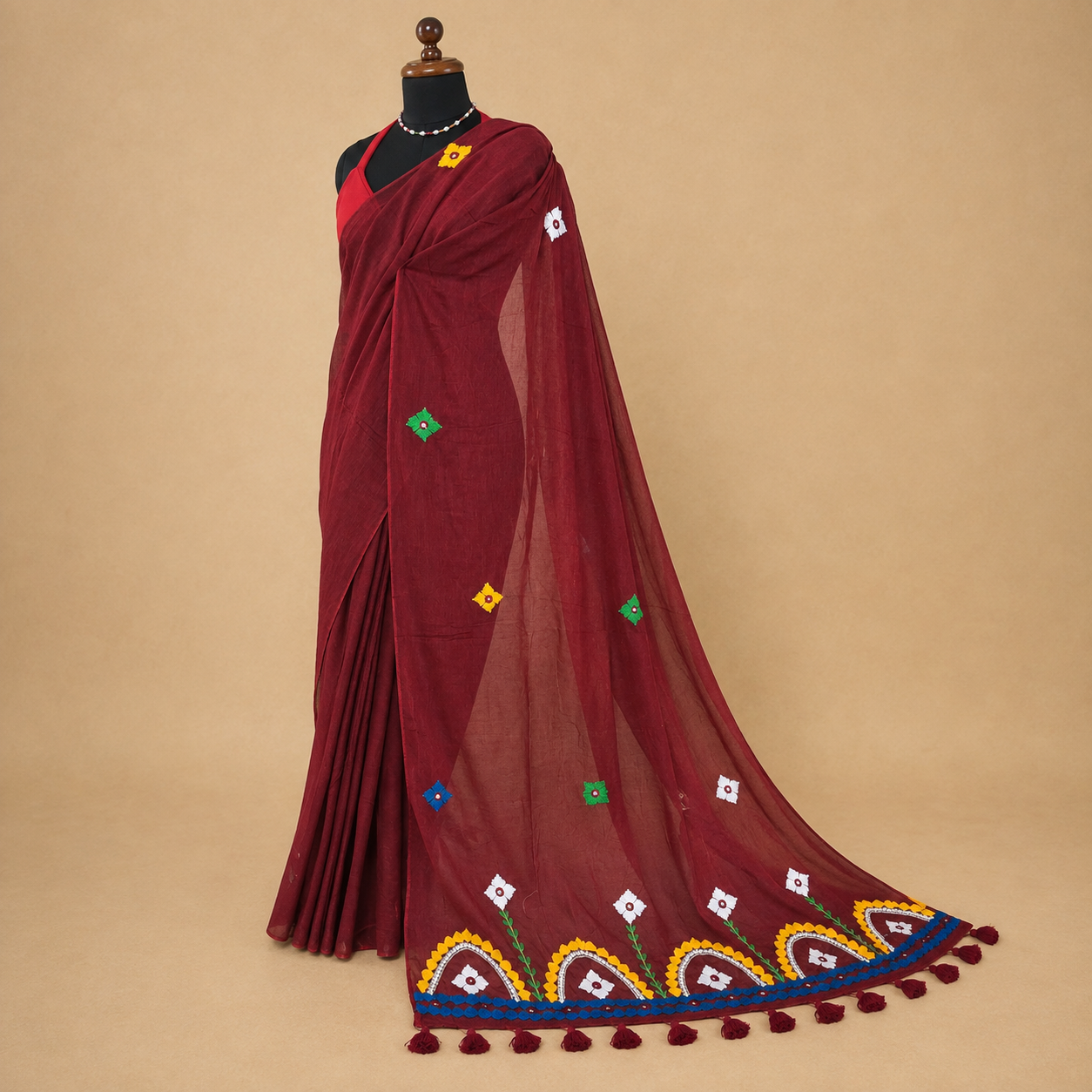 Rangriti- Pearl work & Embroidery Mul Cotton Saree- Mahroon