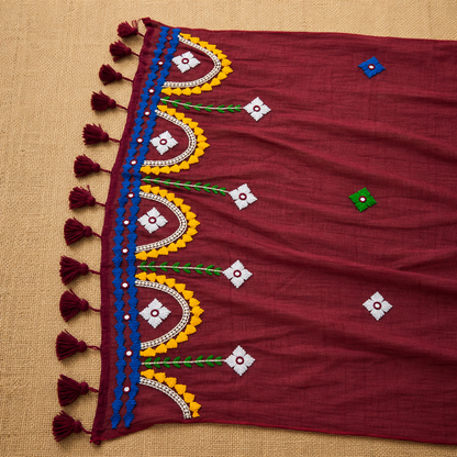 Rangriti- Pearl work & Embroidery Mul Cotton Saree- Mahroon