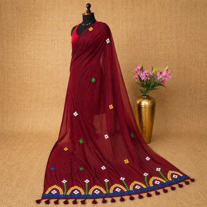 Rangriti- Pearl work & Embroidery Mul Cotton Saree- Mahroon