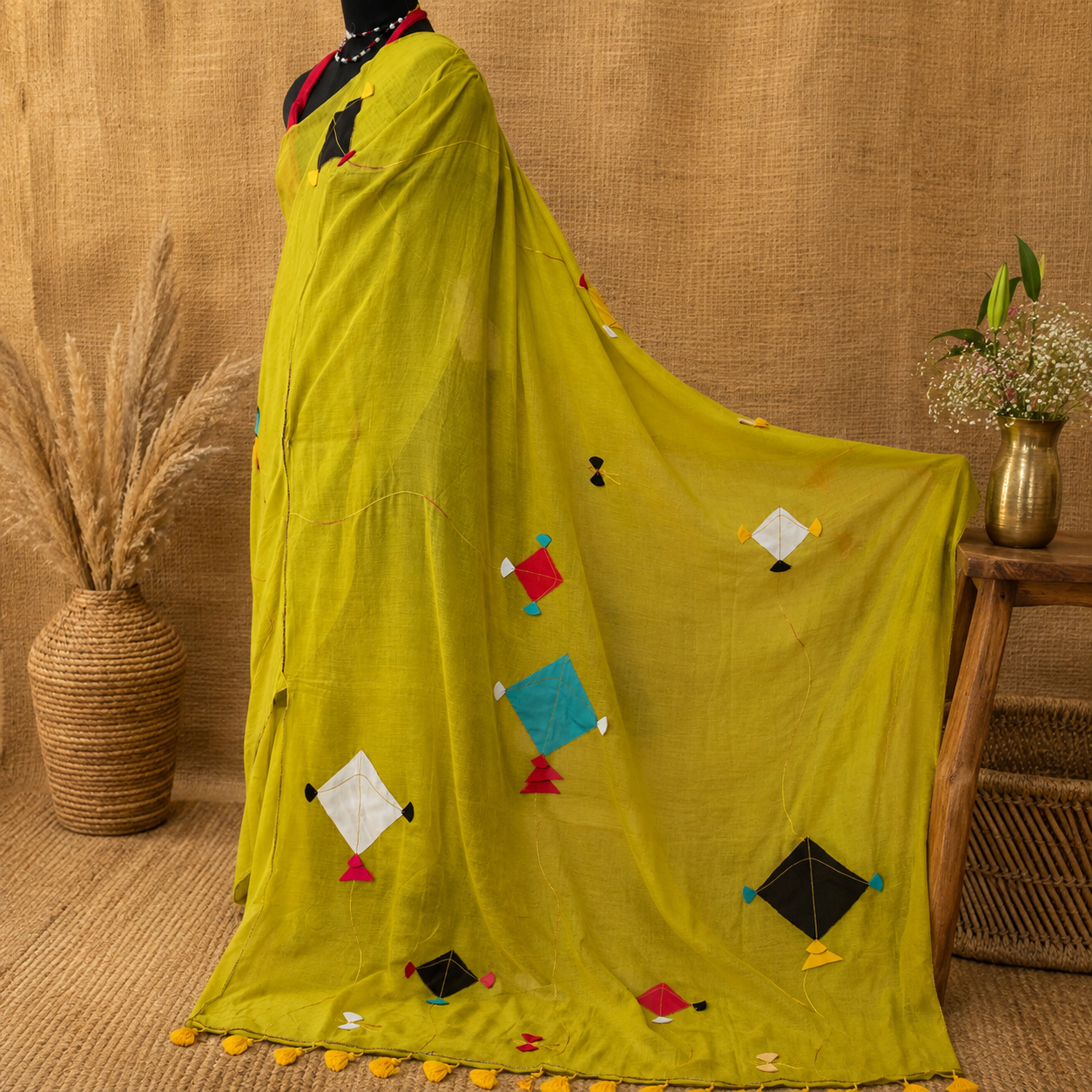 Patang- Green Mul Cotton Patch work Saree