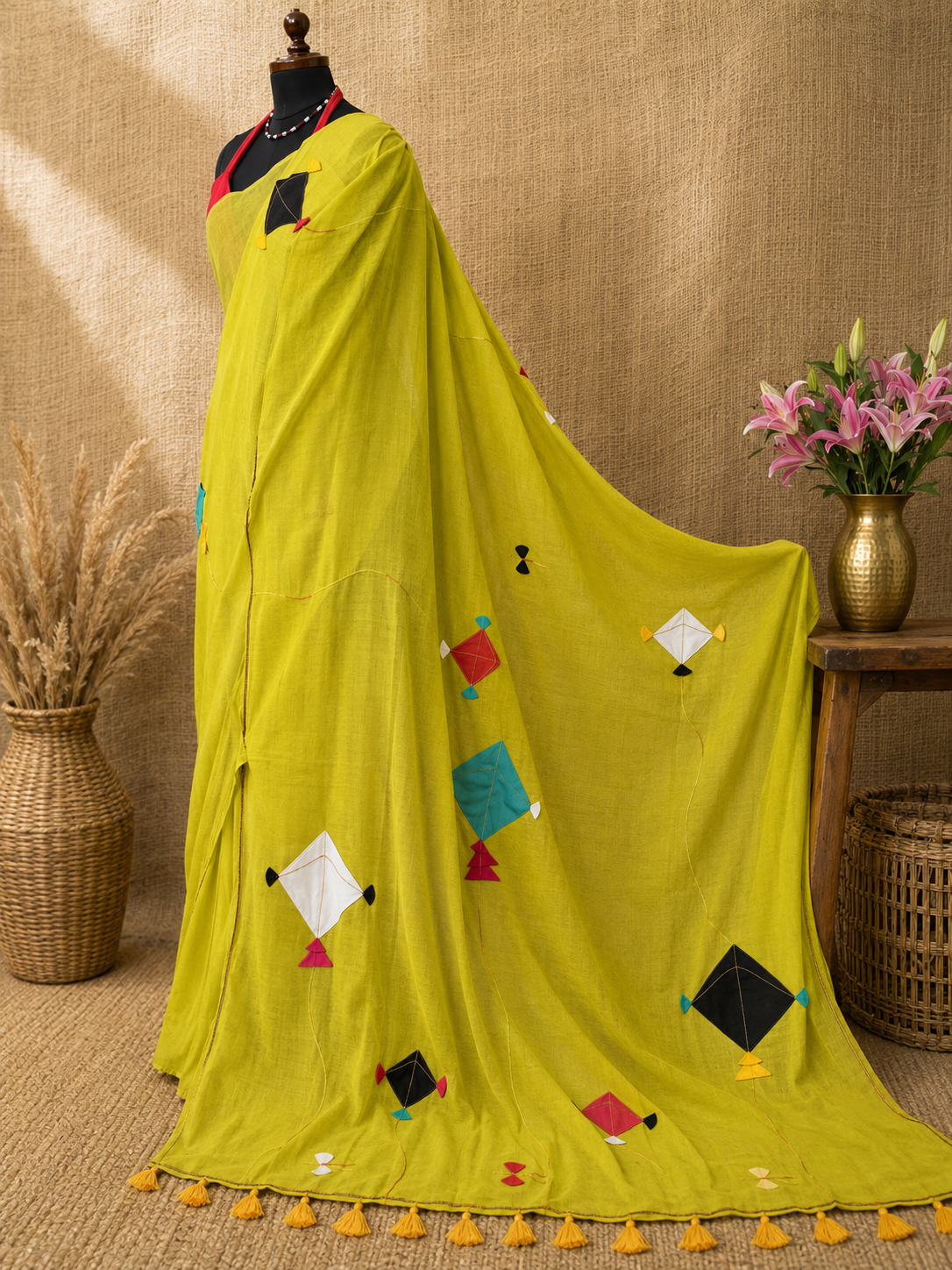 Patang- Green Mul Cotton Patch work Saree