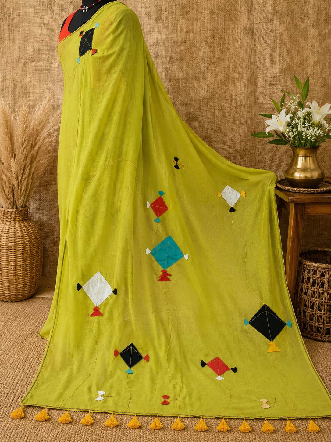 Patang- Green Mul Cotton Patch work Saree