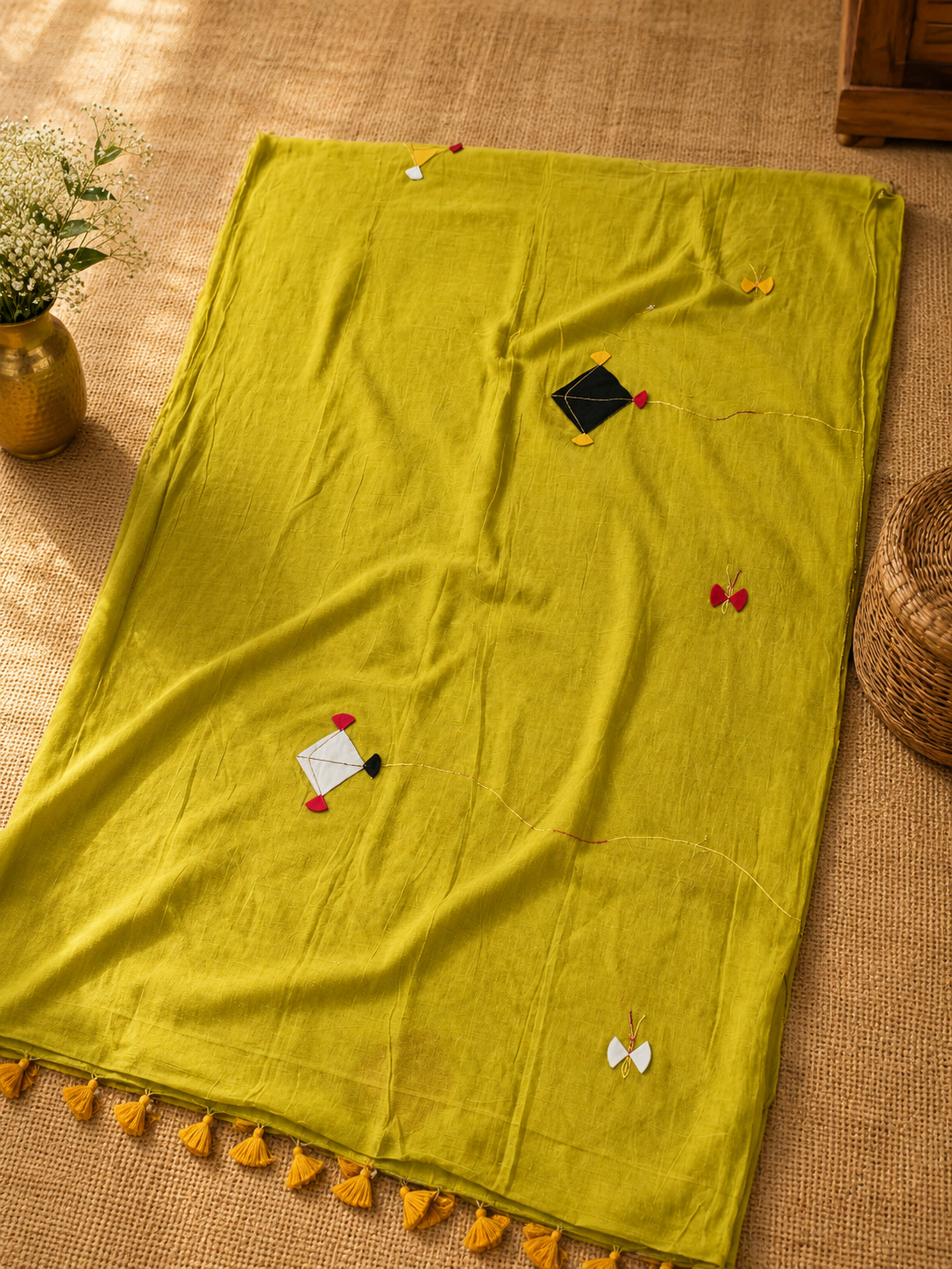 Patang- Green Mul Cotton Patch work Saree