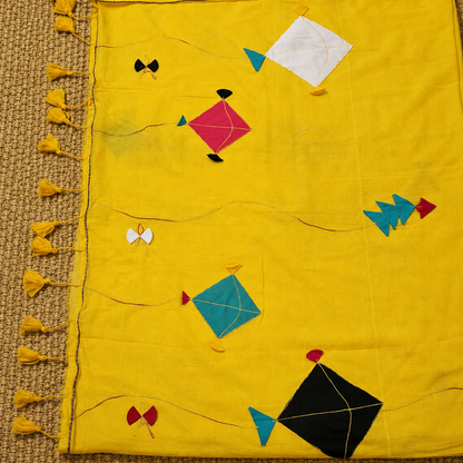 Patang- Yellow Mul Cotton Patch work Saree