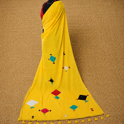 Patang- Yellow Mul Cotton Patch work Saree
