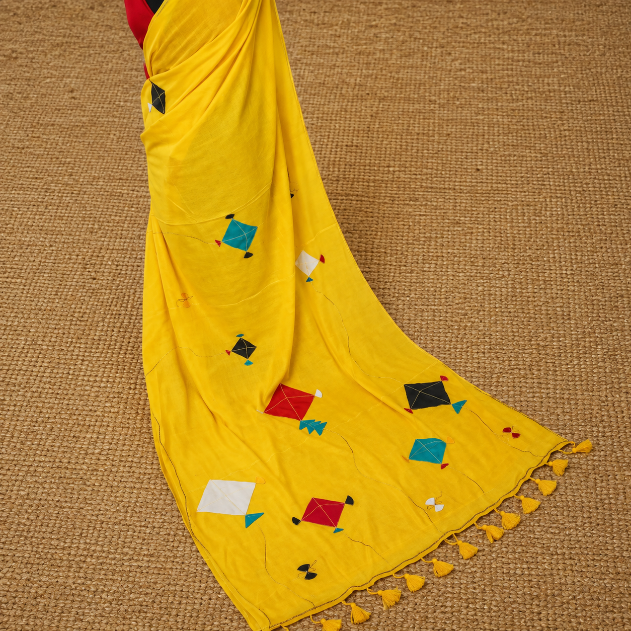 Patang- Yellow Mul Cotton Patch work Saree