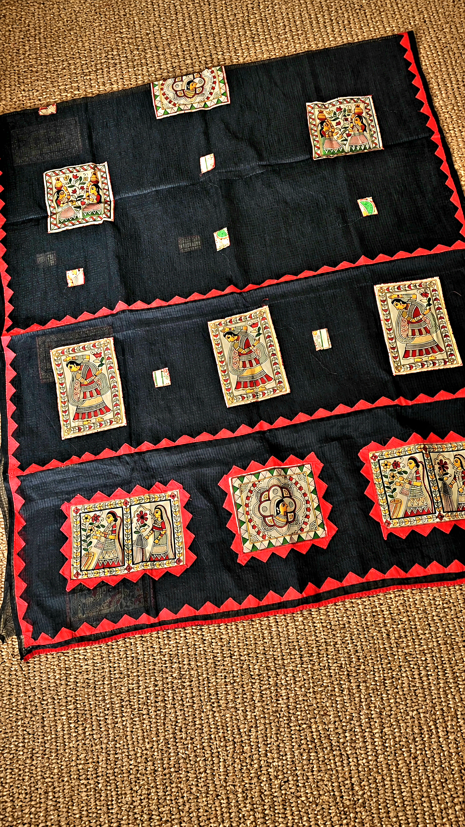 Black Kota Check Saree with Ajrakh Border & Madhubani Patchwork