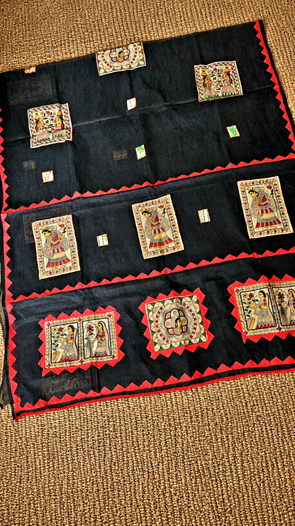 Black Kota Check Saree with Ajrakh Border & Madhubani Patchwork