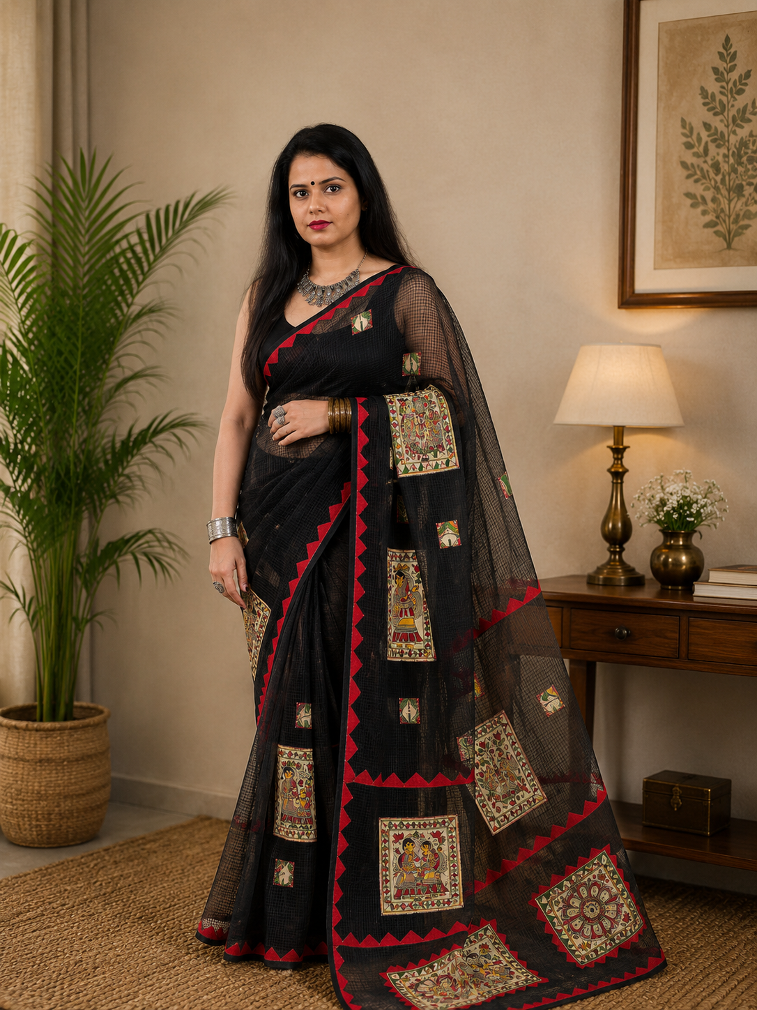Black Kota Check Saree with Ajrakh Border & Madhubani Patchwork