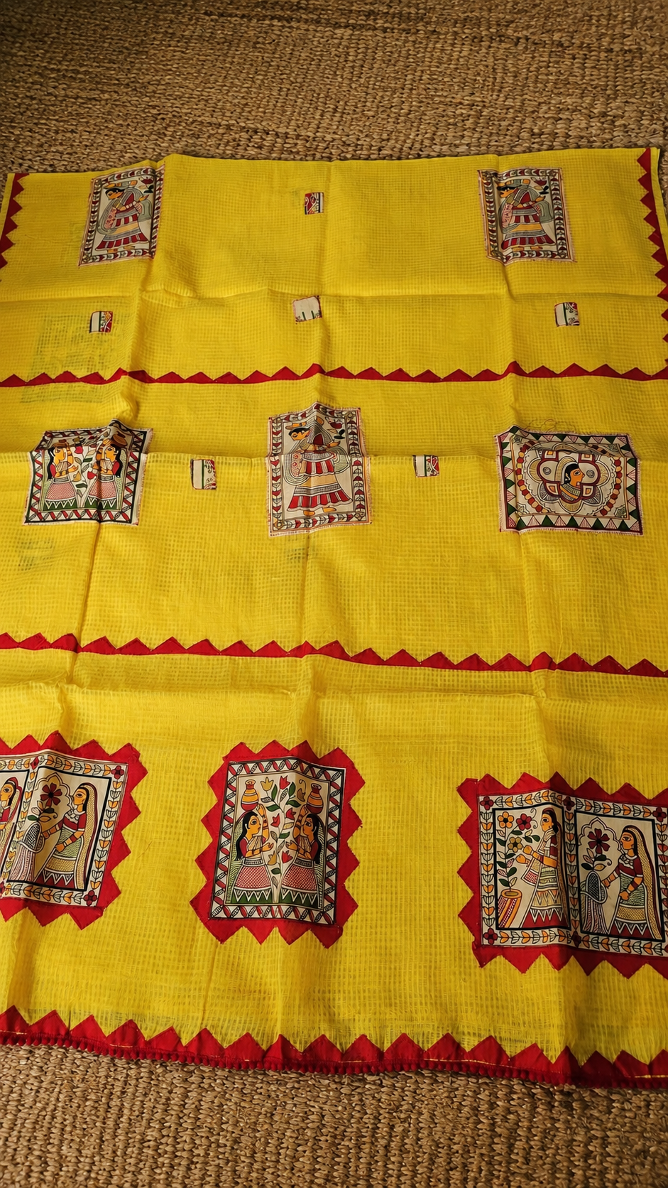 Yellow Kota Check Saree with Ajrakh Border & Madhubani Patchwork