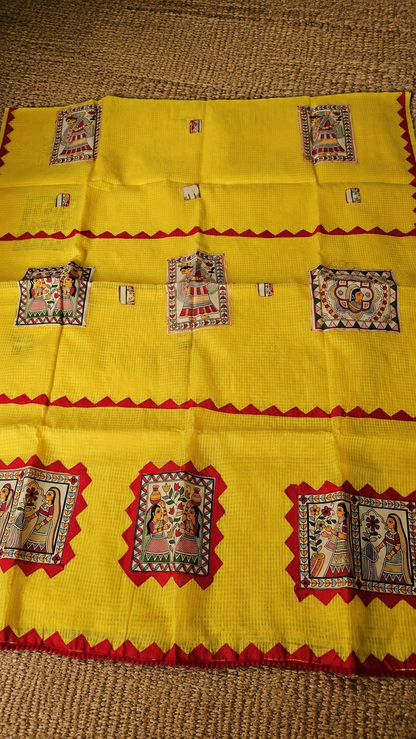 Yellow Kota Check Saree with Ajrakh Border & Madhubani Patchwork