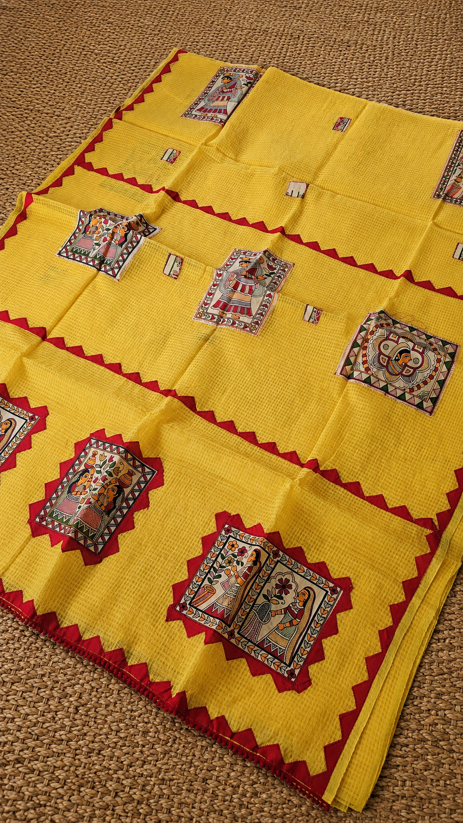 Yellow Kota Check Saree with Ajrakh Border & Madhubani Patchwork