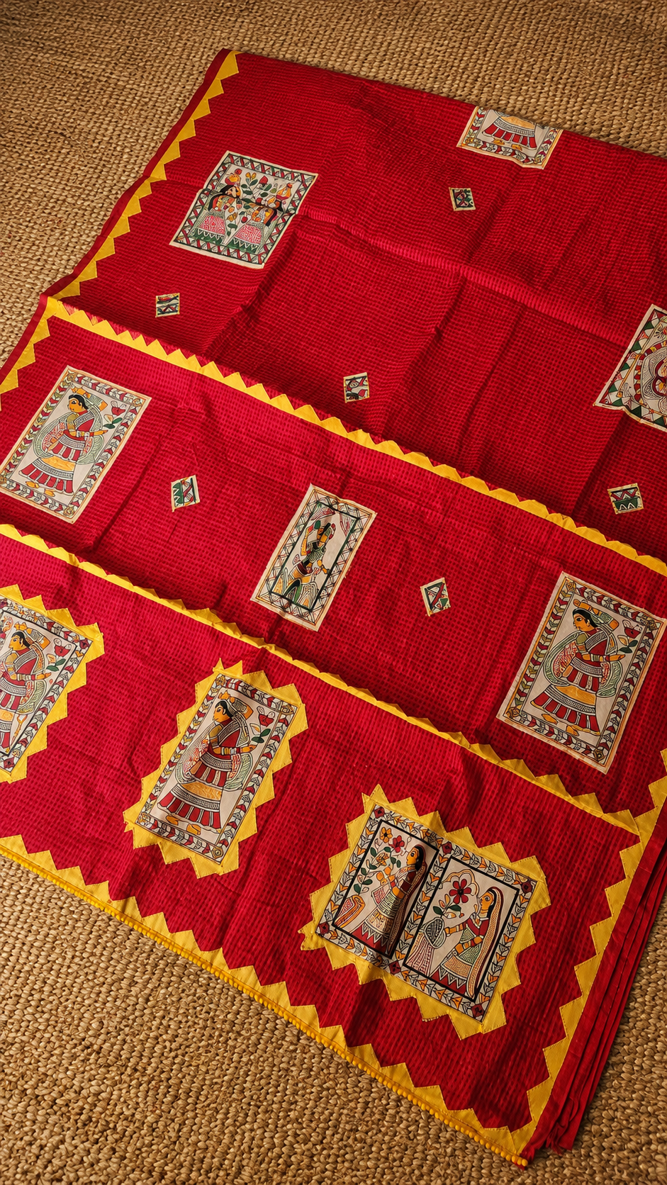 Red Kota Check Saree with Ajrakh Border & Madhubani Patchwork
