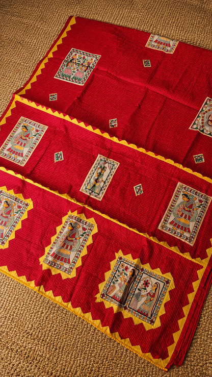 Red Kota Check Saree with Ajrakh Border & Madhubani Patchwork