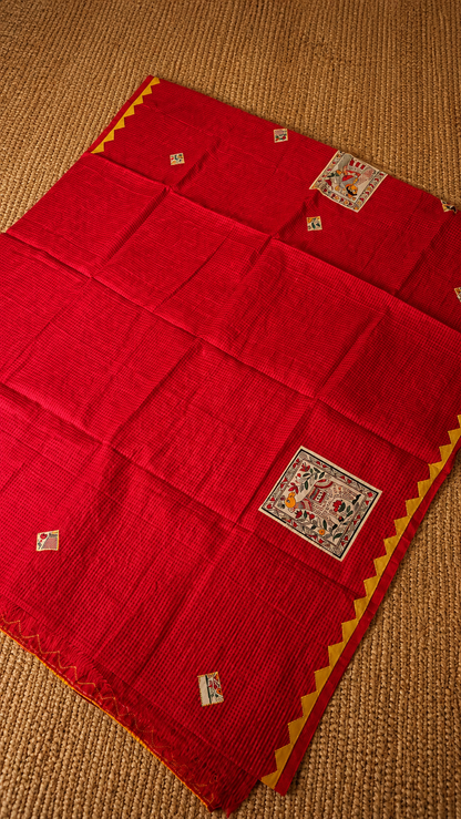 Red Kota Check Saree with Ajrakh Border & Madhubani Patchwork