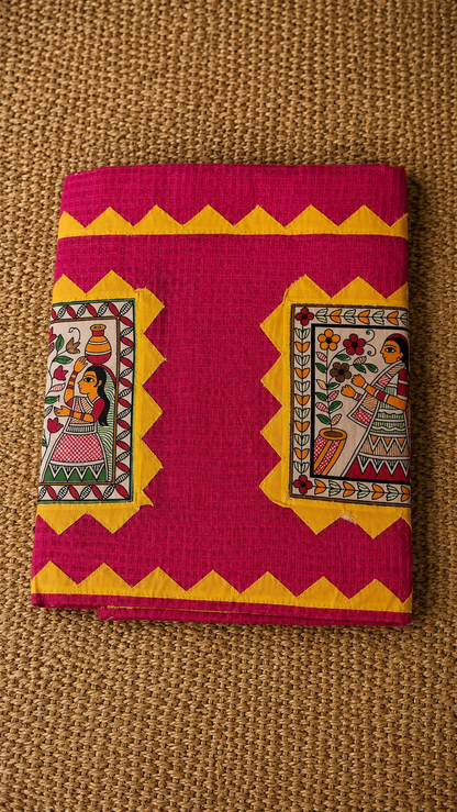 Pink Kota Check Saree with Ajrakh Border & Madhubani Patchwork