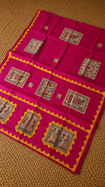 Pink Kota Check Saree with Ajrakh Border & Madhubani Patchwork