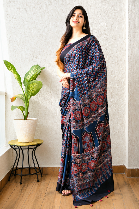 Natural Dye Hand Block Ajrak Modal Silk Saree-Blue