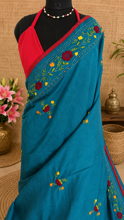 Noori Teal Green Heritage Embroidery Saree