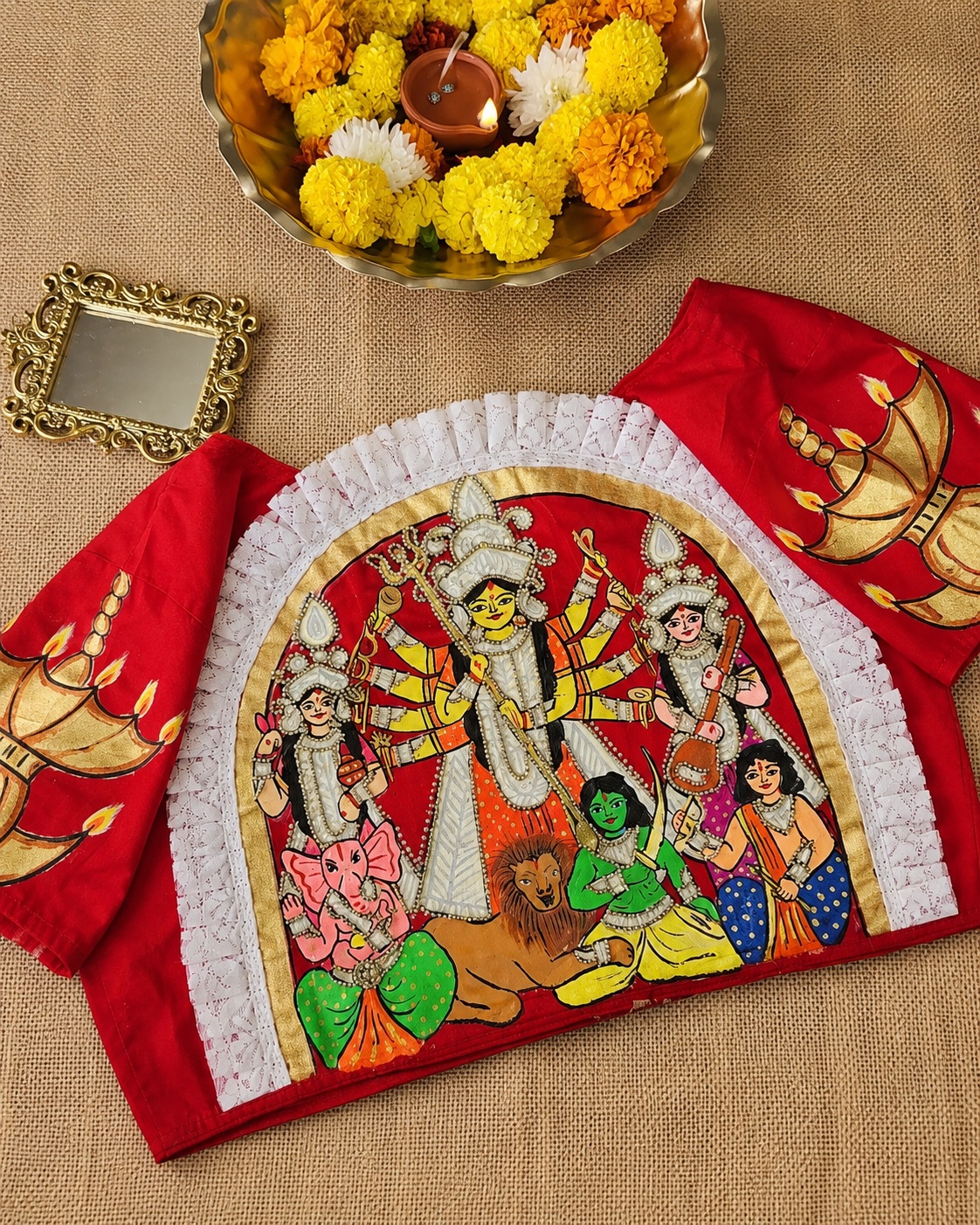 Hand-Painted Durga Maa Family Stitched Blouse