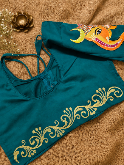 Hand-Painted Lord Ganesha Blouse - Green