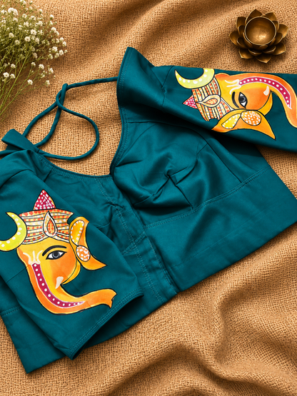 Hand-Painted Lord Ganesha Blouse - Green