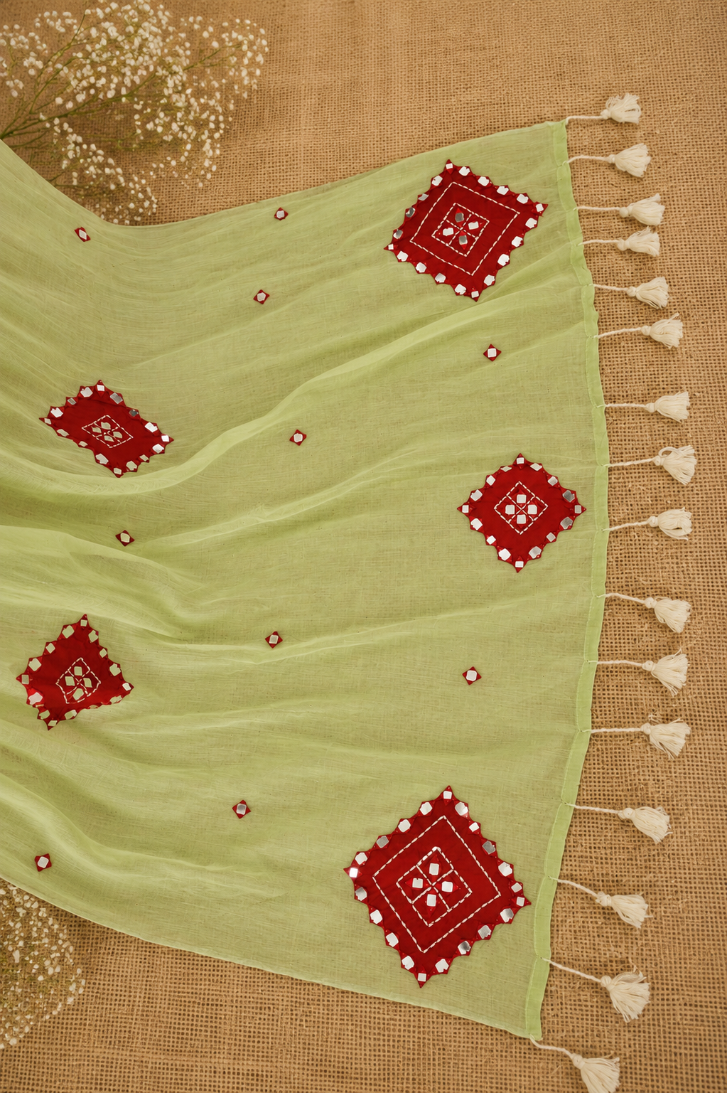 Rooh- Pista Green Mul Cotton Patch work Saree